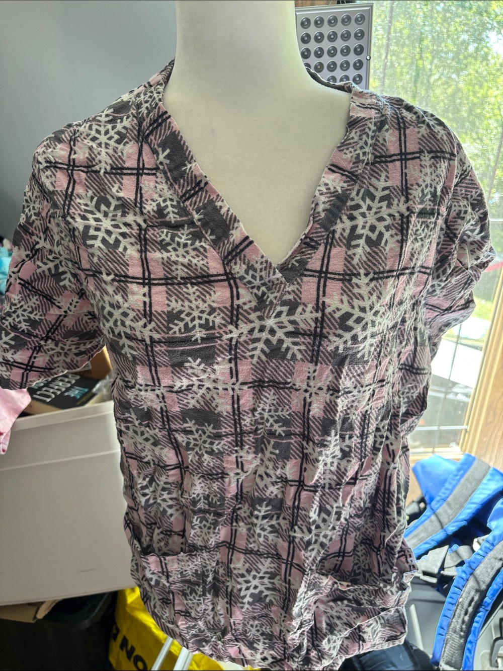 Tafford Pink Flannel Plaid V-Neck Scrub  Top